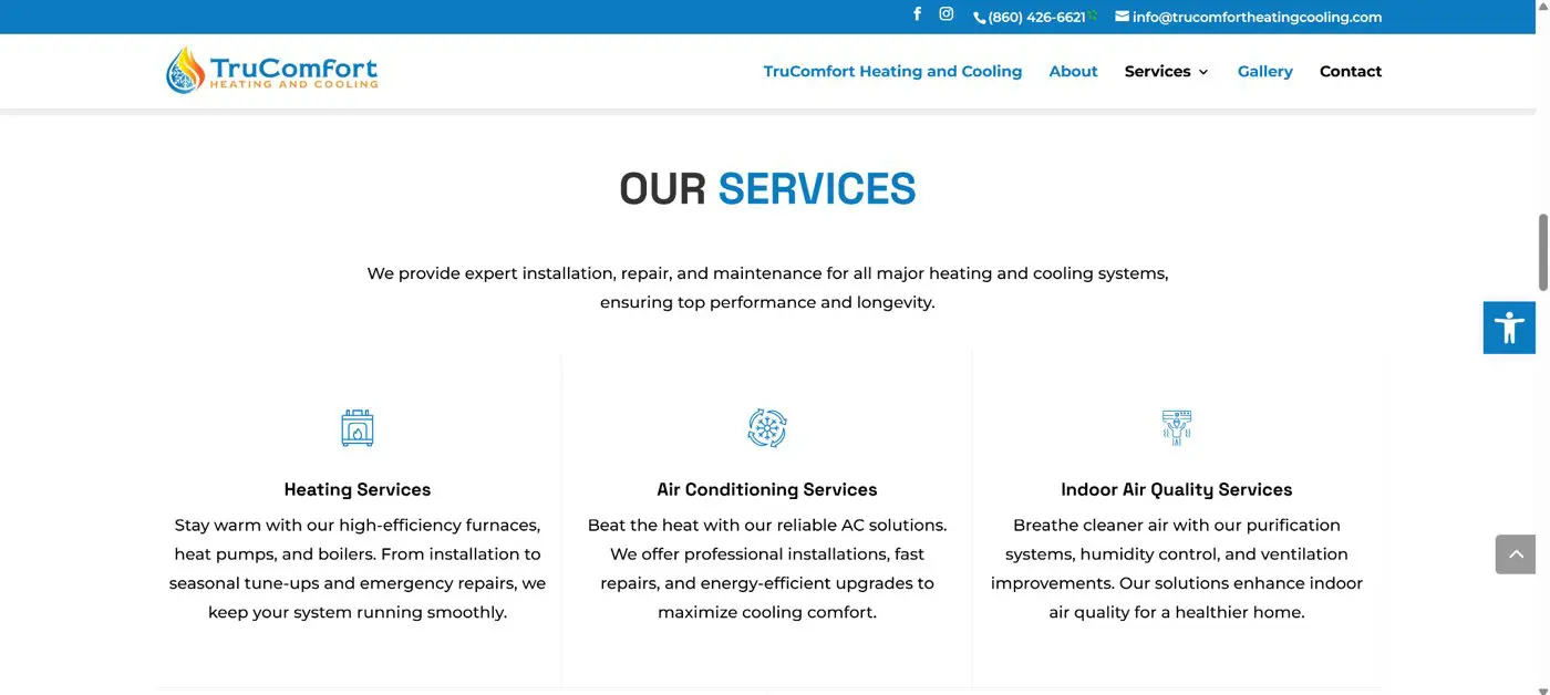 TruComfort Heating and Cooling service offerings including heating, air conditioning, and indoor air quality solutions for Connecticut homeowners.