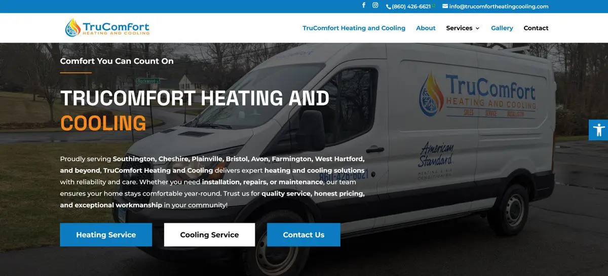 TruComfort Heating and Cooling service van parked in Southington CT, promoting HVAC installation, repair, and maintenance services for Connecticut homeowners.