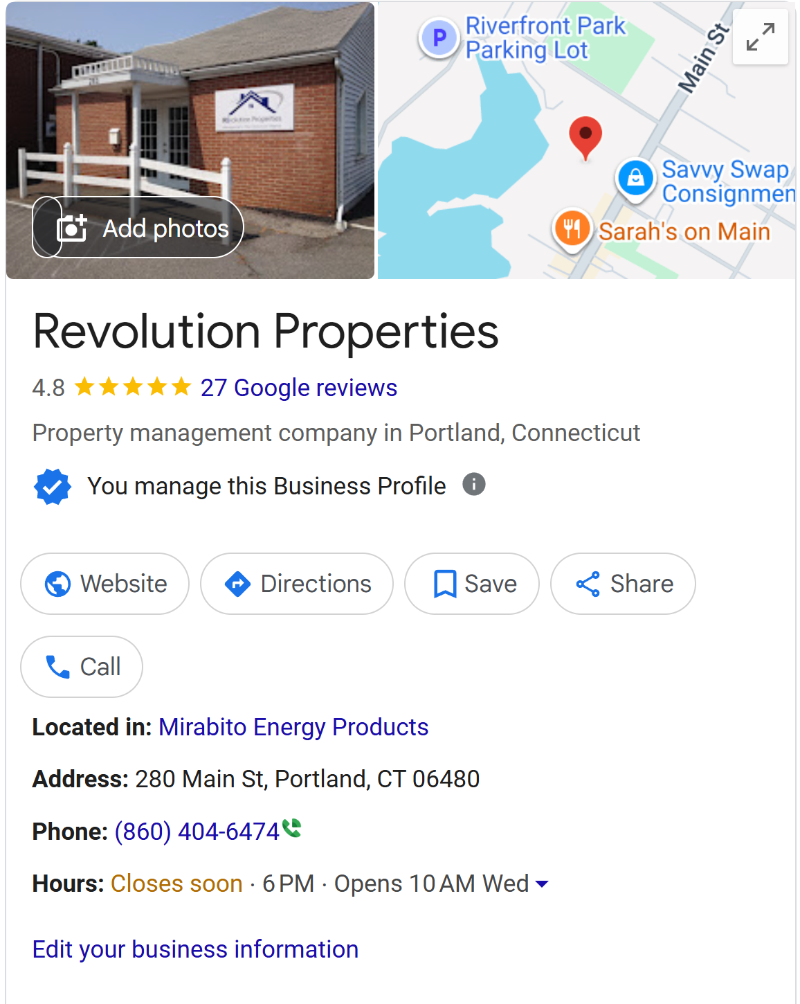 Screenshot 2025-08-12 172543 Google Business Profile listing for Revolution Properties, a property management company in Portland, Connecticut, showing a 4.8-star rating from 27 Google reviews, location at 280 Main Street, contact number, hours of operation, and a map with nearby landmarks.