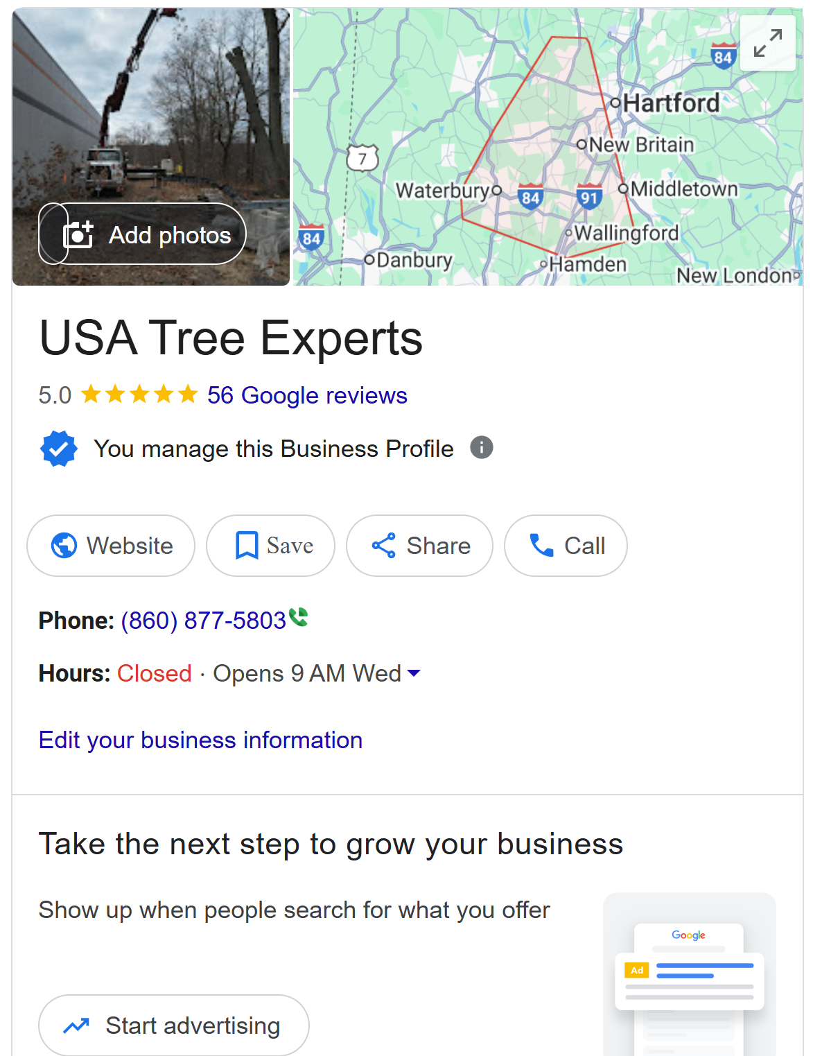 USA Tree Google Business Profile Google Business Profile screenshot showing USA Tree Service ranked in the local map pack, optimized for tree removal and tree care services in Connecticut.