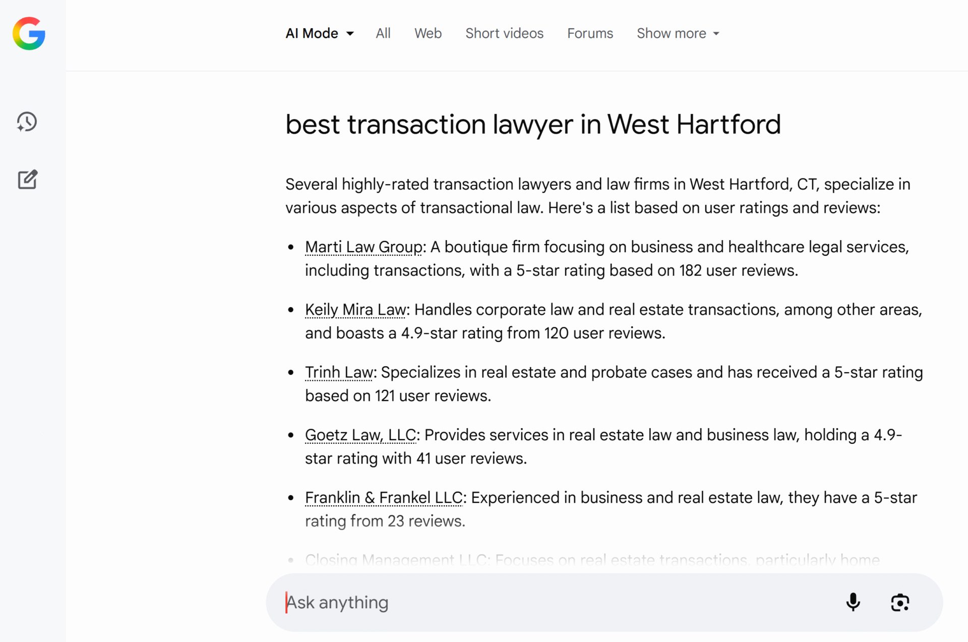 Trihn Law in AI overview Google search AI-generated answer for 'best transaction lawyer in West Hartford,' listing several highly-rated law firms with descriptions and user ratings. Firms include Marti Law Group, Keily Mira Law, Trinh Law, Goetz Law LLC, and Franklin & Frankel LLC, with ratings ranging from 4.9 to 5 stars.