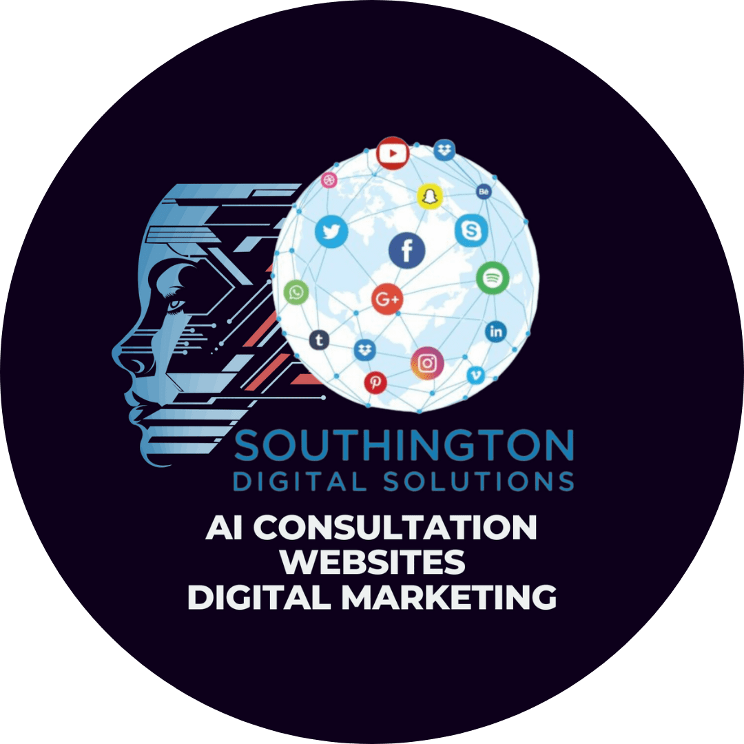 Southington Digital Solutions logo featuring a futuristic profile silhouette and a globe interconnected with social media icons, showcasing services including AI automation, websites, digital marketing, and video content production.