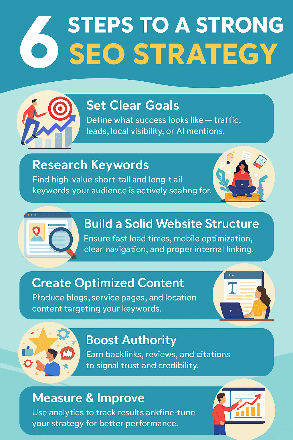 Infographic outlining SEO services for small businesses, including local optimization, content creation, backlinks, and AI strategy